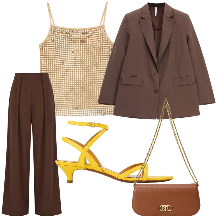 Outfit donna - Tailleur coffee. Stile Bon Ton per Ufficio. Abbinamento con blazer, pantaloni a palazzo, canottiere, sandali col tacco, borse a spalla.