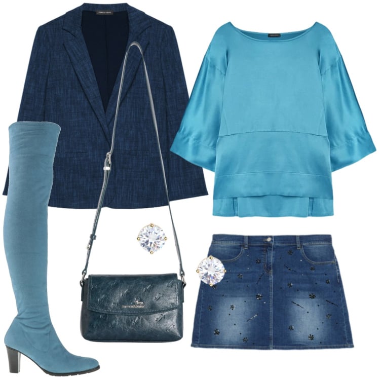 Outfit donna - Effetto blu. Stile Casual per Serata fuori. Abbinamento con stivali sopra il ginocchio, borse a tracolla, bluse, minigonne, blazer, orecchini.