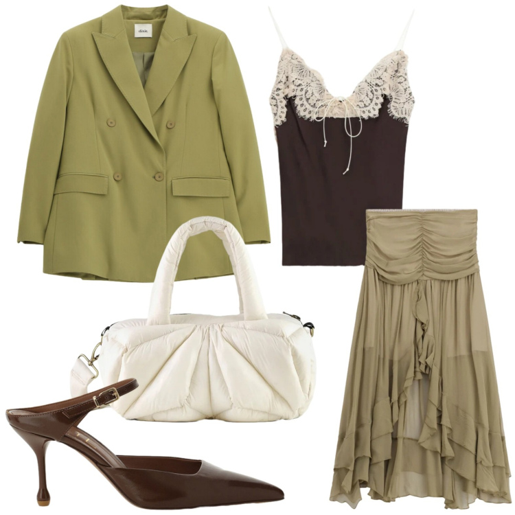 Outfit donna - Pizzo e gonna lunga. Stile Casual per Serata fuori. Abbinamento con blazer, décolleté, top, gonne longuette, borse a mano.