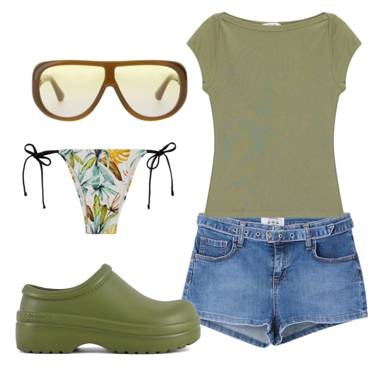 Outfit donna - Total look #2398374. Stile Trendy per Mare. Abbinamento con shorts, occhiali da sole, top, bikini, zoccoli.