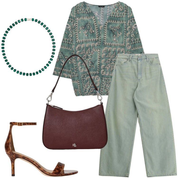 Outfit donna - Sfumature di verde. Stile Glamour per Scuola/Università. Abbinamento con jeans, t-shirt, borse a spalla, collane, sandali in pelle.