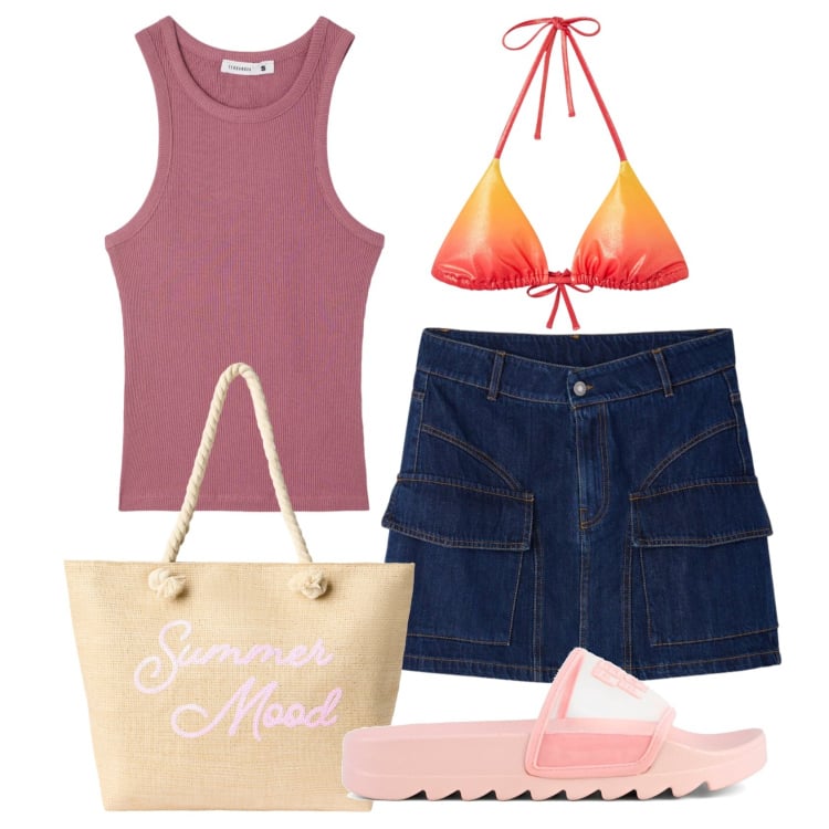 Outfit donna - Total look #2398377. Stile Basic per Mare. Abbinamento con bikini, borse tote, canottiere, minigonne, ciabatte.