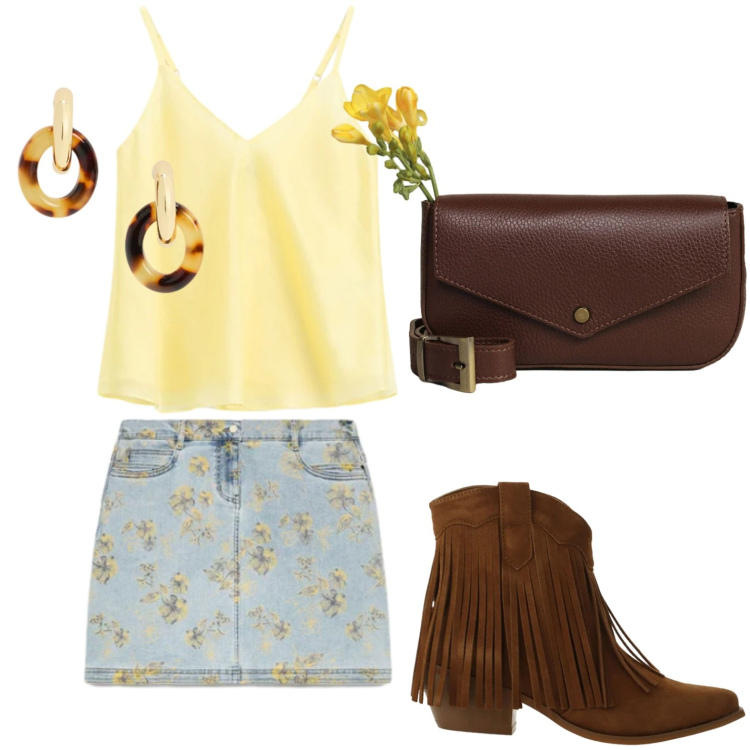 Outfit donna - Frange. Stile Casual per Tutti i giorni. Abbinamento con stivaletti texani, borse a tracolla, top, minigonne, orecchini.
