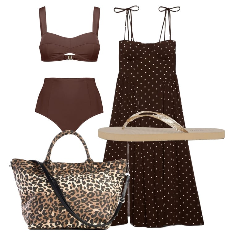 Outfit donna - Total look #2398379. Stile Etnico per Mare. Abbinamento con shopping bag, infradito, vestiti lunghi, bikini.