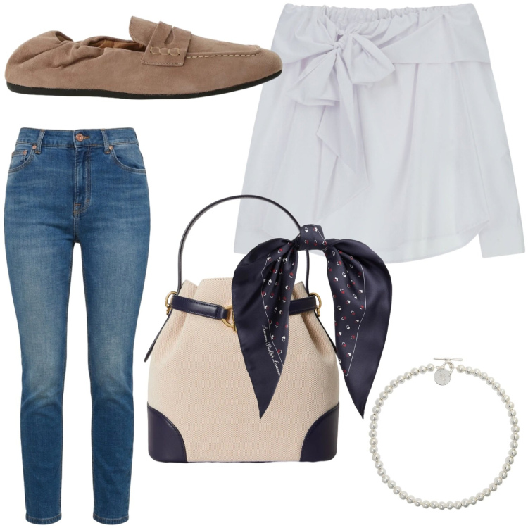 Outfit donna - Camicia con fiocco. Stile Glamour per Tutti i giorni. Abbinamento con jeans, top, mocassini, collane, foulard, borse a secchiello.