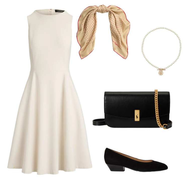 Outfit donna - Chic e charme. Stile Bon Ton per Cerimonia. Abbinamento con ciondoli, clutch, foulard, vestiti corti, ballerine.