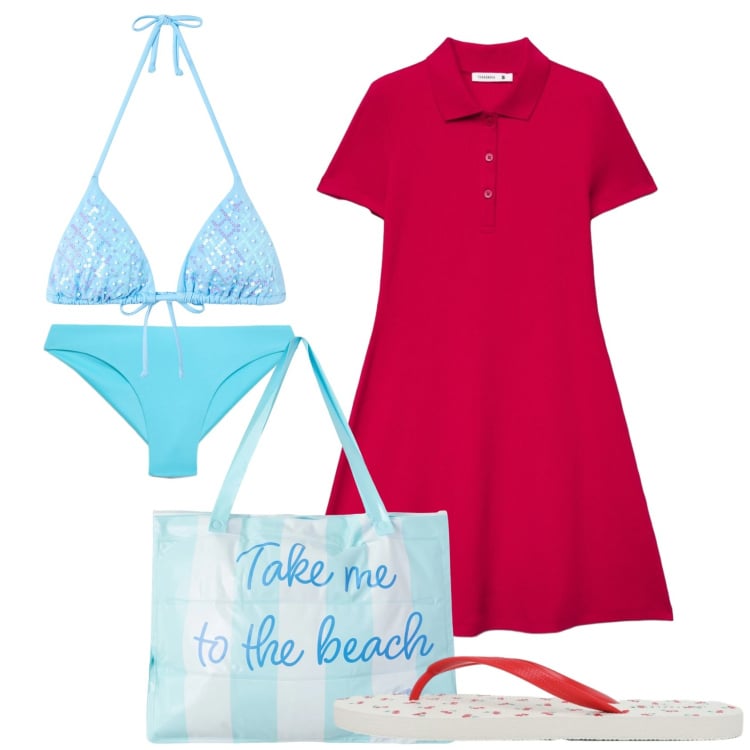 Outfit donna - Total look #2398382. Stile Basic per Mare. Abbinamento con vestiti corti, bikini, borse tote, bikini, infradito.