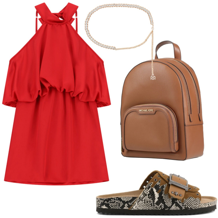 Outfit donna - Abito con balza. Stile Casual per Tutti i giorni. Abbinamento con zaini, cinture, vestiti corti, sandali.
