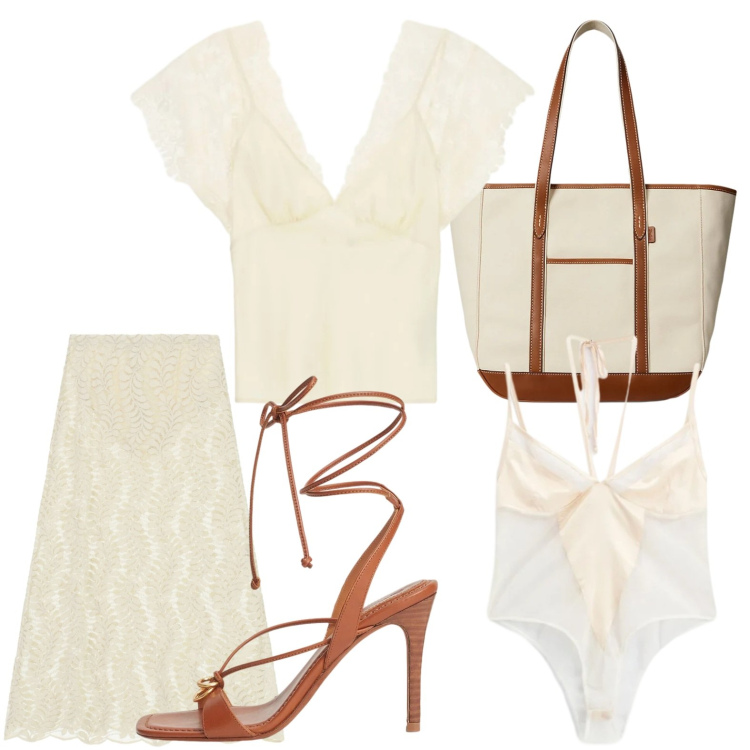 Outfit donna - Gonna e top. Stile Romantica per Serata fuori. Abbinamento con canottiere, gonne lunghe, body, borse tote, sandali in pelle.