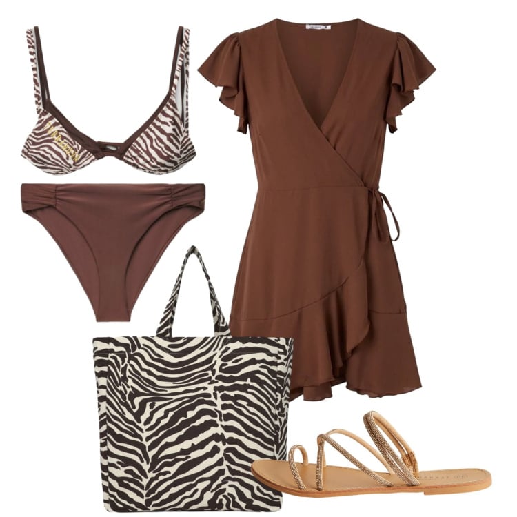 Outfit donna - Total look #2398390. Stile Etnico per Mare. Abbinamento con vestiti corti, bikini, sandali, shopping bag, bikini.