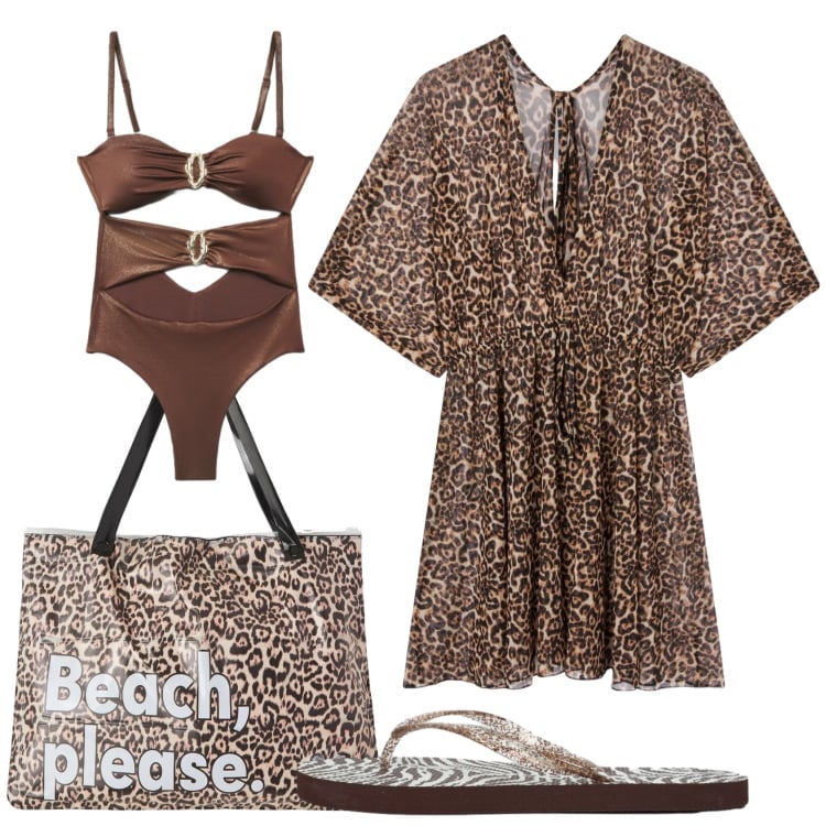 Outfit donna - Total look #2398392. Stile Etnico per Mare. Abbinamento con borse tote, vestiti da spiaggia, infradito, costumi interi.