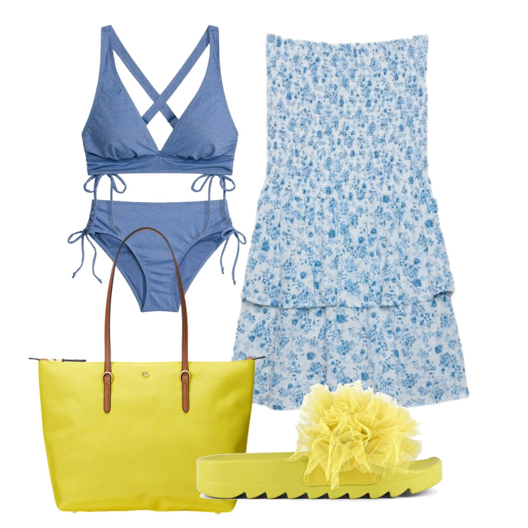 Outfit donna - Total look #2398394. Stile Romantica per Mare. Abbinamento con bikini, vestiti da spiaggia, borse tote, ciabatte.