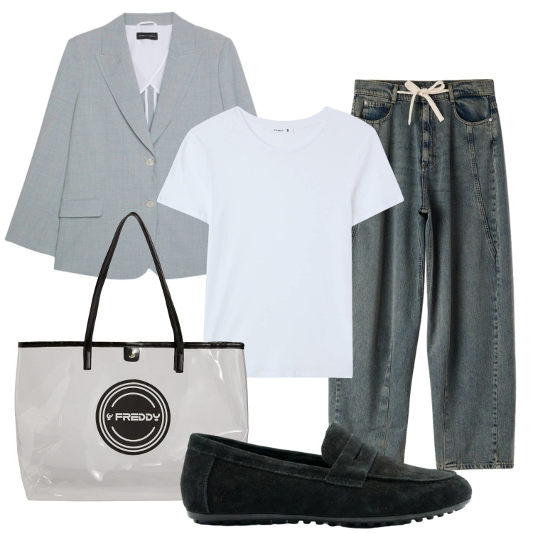Outfit donna - Total look #2398395. Stile Mannish per Ufficio. Abbinamento con mocassini, t-shirt, jeans, blazer, shopping bag.