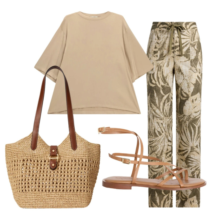 Outfit donna - Total look #2398398. Stile Casual per Tutti i giorni. Abbinamento con sandali in pelle, t-shirt, borse tote, pantaloni.