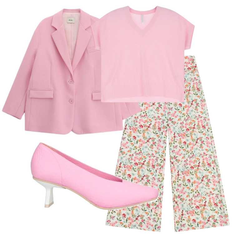 Outfit donna - Total look #2398400. Stile Romantica per Ufficio. Abbinamento con décolleté, pantaloni a palazzo, t-shirt, blazer.