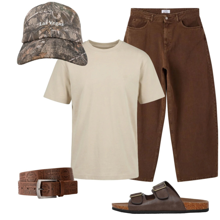 Outfit uomo - Passeggiata con il cane. Stile Casual per Tutti i giorni. Abbinamento con cinture, jeans dritti, cappelli con visiera, sandali, t-shirt.