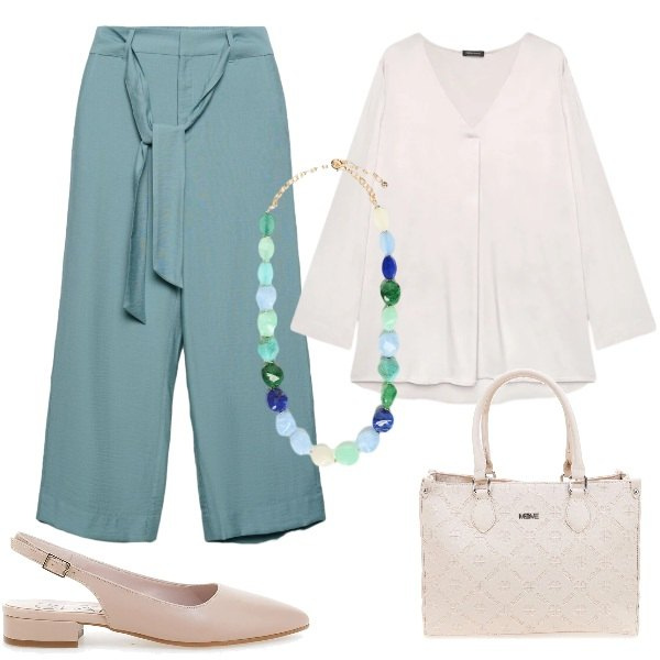 Outfit donna - comfy chic. Stile Casual chic per Cerimonia. Abbinamento con pantaloni a palazzo, bluse, collane, ballerine, borse a tracolla.