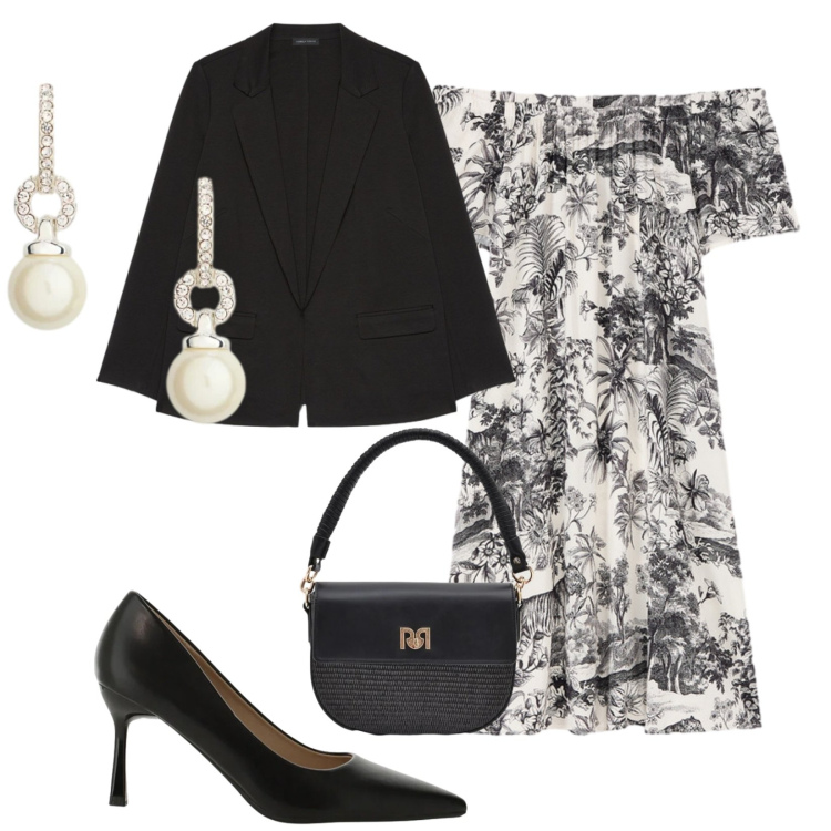 Outfit donna - Total look #2398410. Stile Chic per Ufficio. Abbinamento con décolleté, borse a spalla, vestiti corti, blazer, orecchini.