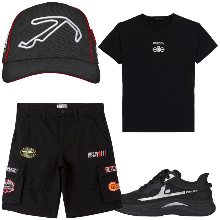 Outfit uomo - Racing Soul: Total Black & Patchwork. Stile Casual per Sport. Abbinamento con bermuda, cappelli con visiera, t-shirt, sneakers.