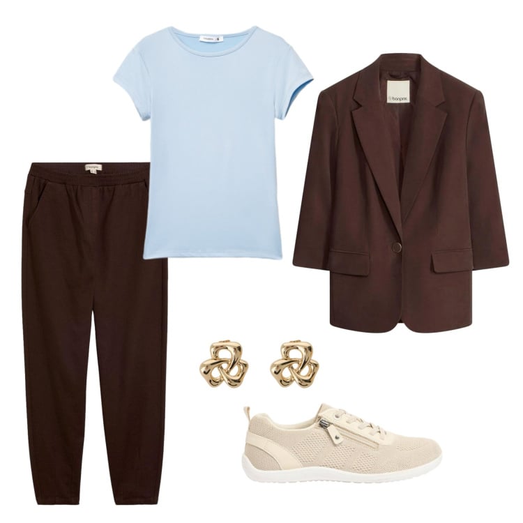 Outfit donna - Terra e cielo. Stile Casual chic Abbinamento con pantaloni, blazer, sneakers, t-shirt, orecchini.