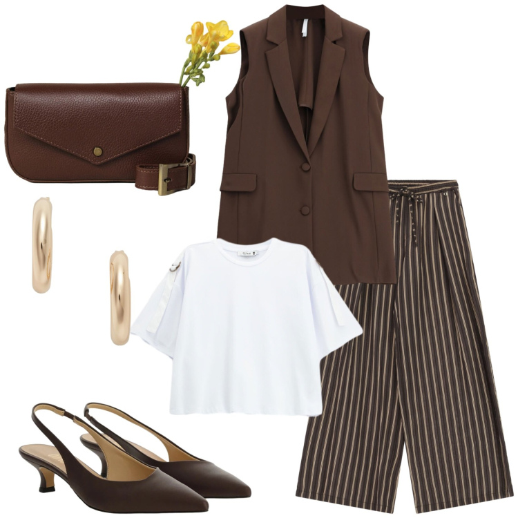 Outfit donna - Total look #2398416. Stile Casual chic per Tutti i giorni. Abbinamento con t-shirt, gilet, décolleté, borse a tracolla, pantaloni a palazzo, orecchini.