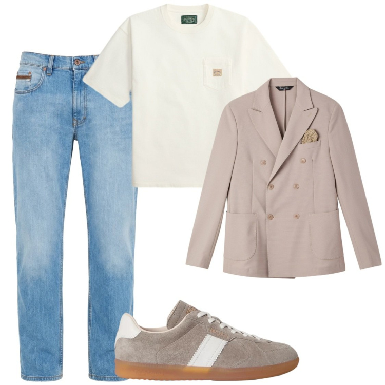Outfit uomo - Giacca&t-shirt. Stile Trendy per Ufficio. Abbinamento con giacche, jeans, t-shirt, sneakers.