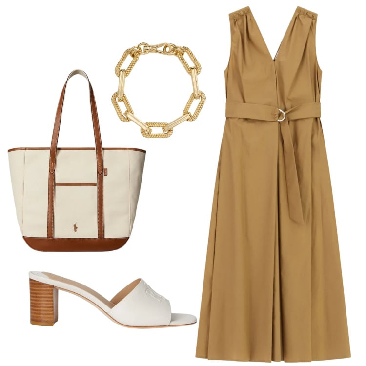Outfit donna - Total look #2398421. Stile Glamour per Ufficio. Abbinamento con vestiti midi/longuette, borse tote, sandali in pelle, braccialetti.