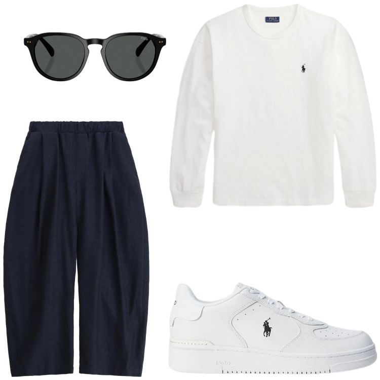 Outfit uomo - L\'essenziale#senzaTempo. Stile Trendy per Tutti i giorni. Abbinamento con pantaloni, sneakers, occhiali da sole, t-shirt.