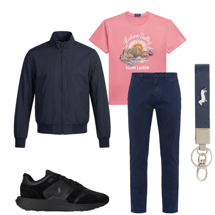 Outfit uomo - Total look #2398424. Stile Trendy per Tutti i giorni. Abbinamento con portachiavi, pantaloni chino, sneakers, t-shirt, bomber.