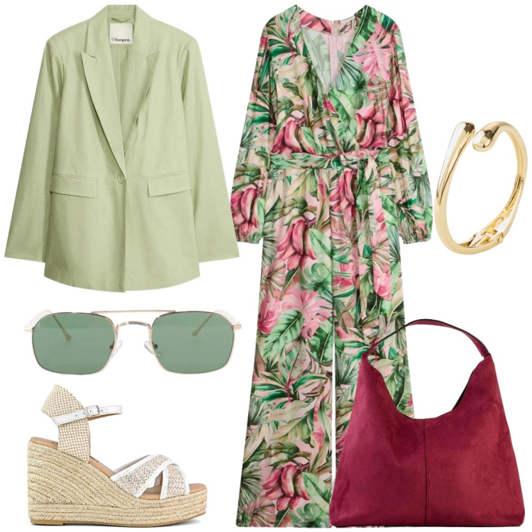 Outfit donna - Fantasia tropicale. Stile Casual per Tutti i giorni. Abbinamento con braccialetti, borse a spalla, blazer, tute, occhiali da sole, zeppe.