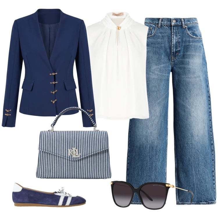 Outfit donna - Simple chic. Stile Casual chic per Tutti i giorni. Abbinamento con top, blazer, ballerine, occhiali da sole, jeans, borse a mano.