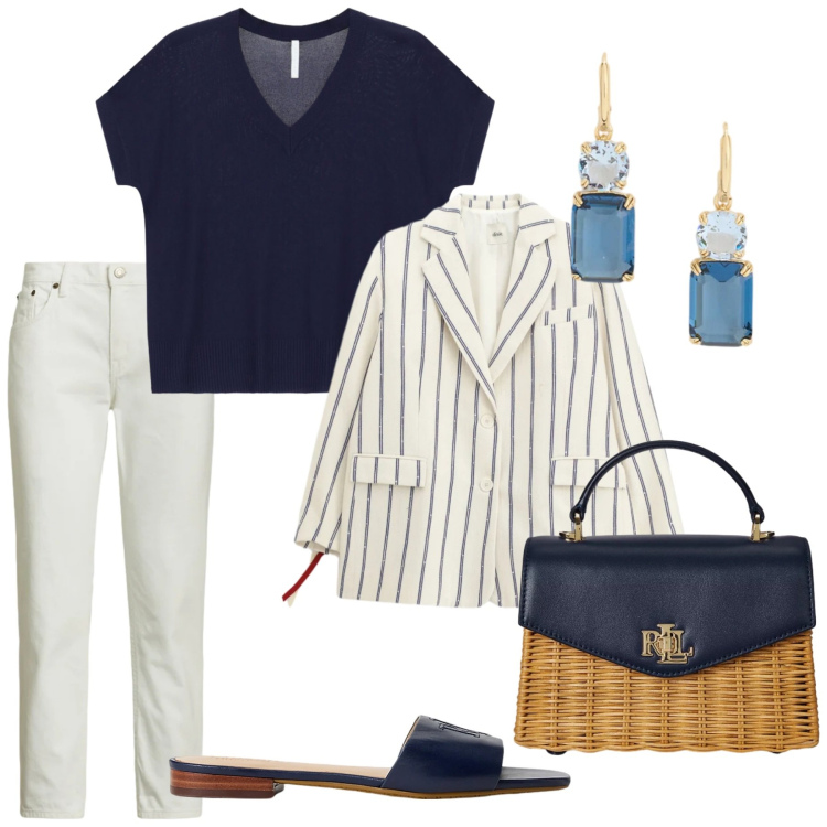 Outfit donna - Total look #2398429. Stile Casual chic per Ufficio. Abbinamento con t-shirt, blazer, jeans, ciabatte, borse a mano, orecchini.