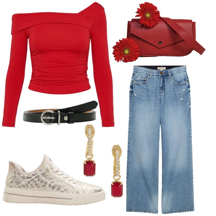 Outfit donna - Total look #2398434. Stile Basic per Tutti i giorni. Abbinamento con jeans, sneakers, cinture, t-shirt, borse a tracolla, orecchini.