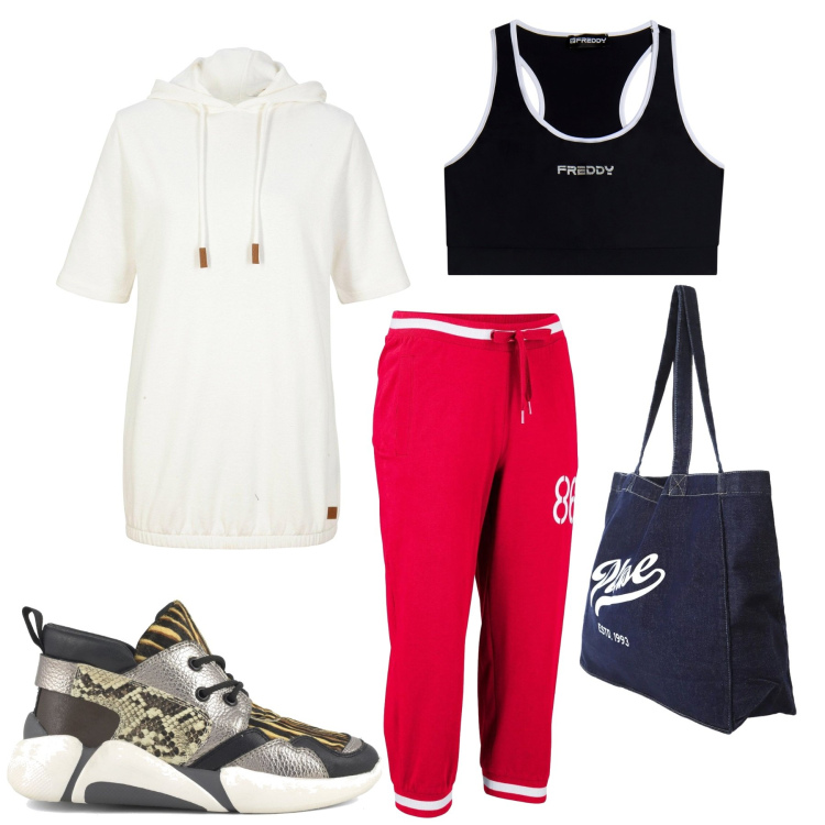 Outfit donna - Total look #2398443. Stile Sporty chic per Sport. Abbinamento con felpe con cappuccio, pantaloni sportivi, shopping bag, reggiseni, sneakers alte.