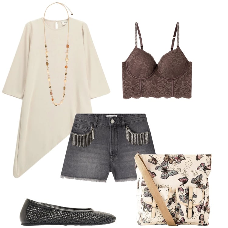 Outfit donna - Total look #2398447. Stile Trendy per Serata fuori. Abbinamento con borse a tracolla, ballerine, shorts, bralette, bluse, collane.