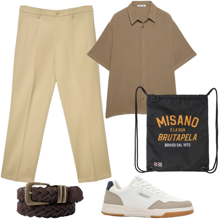 Outfit uomo - Primo weekend al mare. Stile Casual per Tutti i giorni. Abbinamento con sneakers, borse sportive, pantaloni chino, camicie a manica corta, cinture.