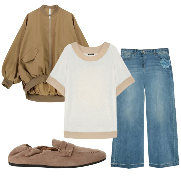 Outfit donna - Total look #2398451. Stile Casual per Tutti i giorni. Abbinamento con bomber, mocassini, jeans, t-shirt.