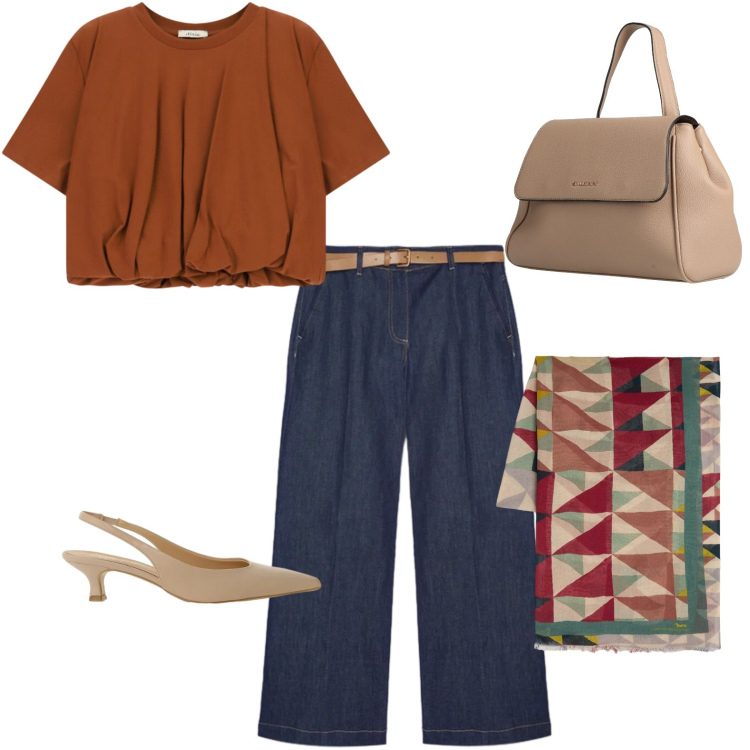 Outfit donna - Aperitivo con lo zaino. Stile Glamour per Serata fuori. Abbinamento con zaini, sciarpe, jeans, décolleté, t-shirt.