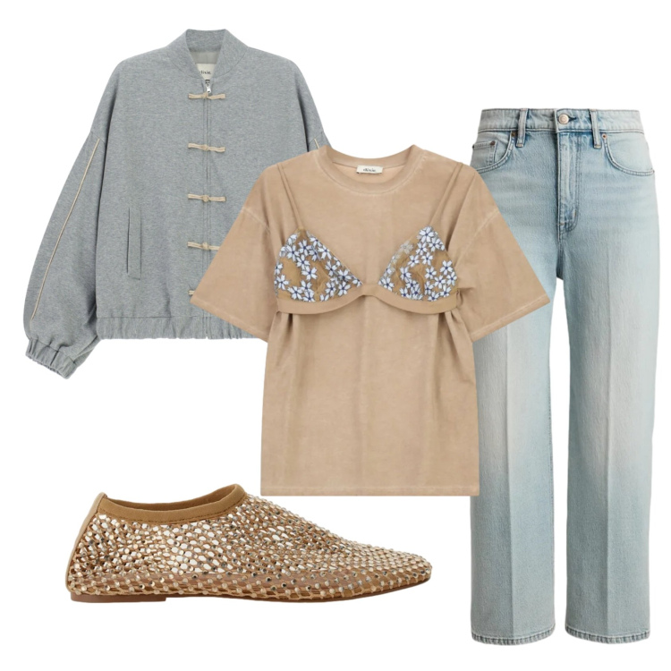 Outfit donna - Total look #2398453. Stile Trendy per Tutti i giorni. Abbinamento con ballerine, bomber, t-shirt, jeans dritti.