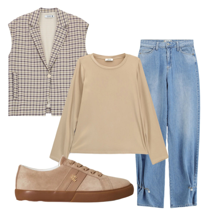 Outfit donna - Total look #2398459. Stile Urban per Tutti i giorni. Abbinamento con gilet, jeans, t-shirt, sneakers.