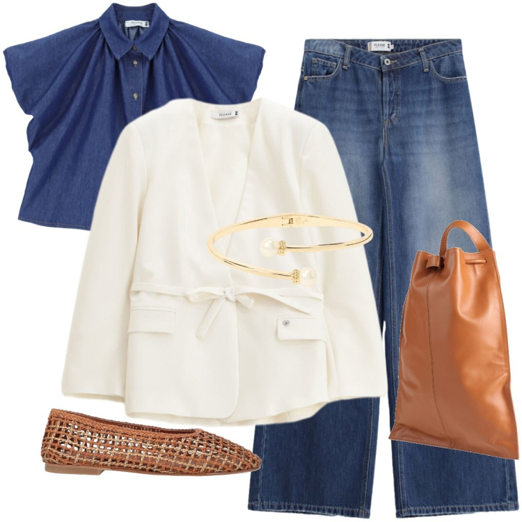 Outfit donna - Sportiva ed elegante. Stile Casual chic per Serata fuori. Abbinamento con jeans, camicie a manica corta, blazer, braccialetti, ballerine, zaini.