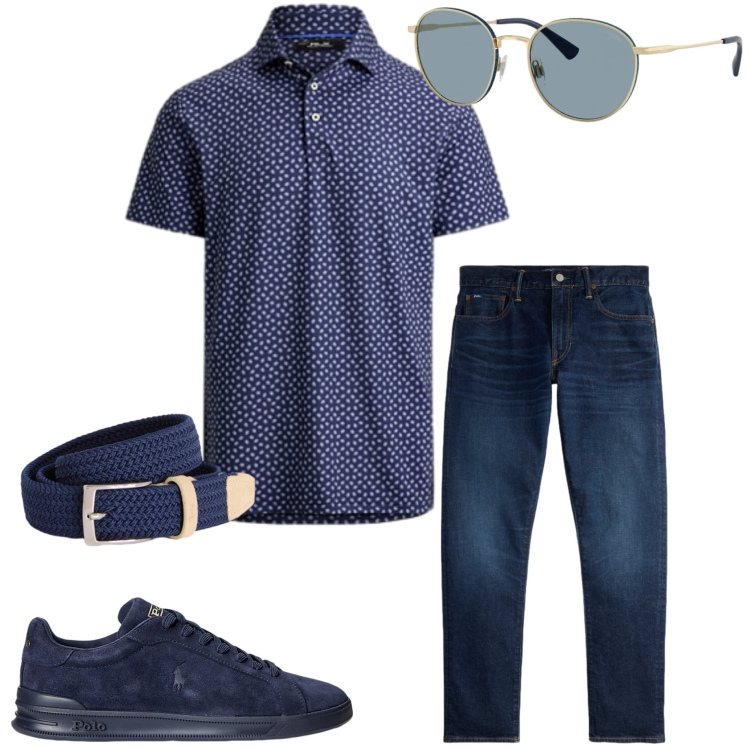 Outfit uomo - Caldo estivo di maggio. Stile Urban per Ufficio. Abbinamento con cinture, sneakers, jeans, polo, occhiali da sole.