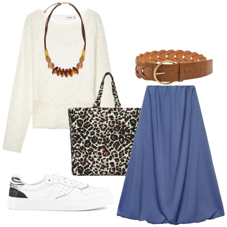 Outfit donna - Total look #2398464. Stile Romantica per Tutti i giorni. Abbinamento con gonne lunghe, cinture, shopping bag, t-shirt, collane, sneakers.