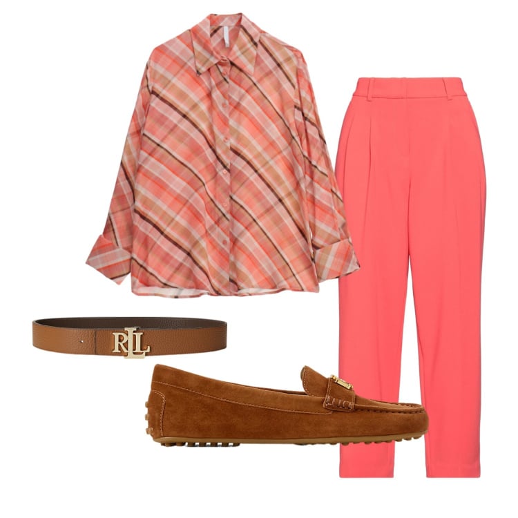 Outfit donna - Total look #2398465. Stile Preppy per Ufficio. Abbinamento con pantaloni, camicie, mocassini, cinture.