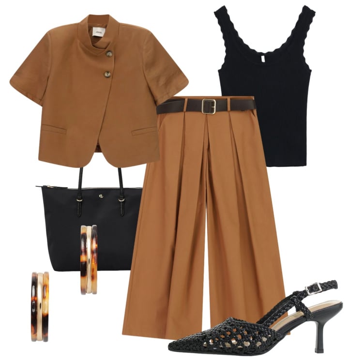 Outfit donna - Aperitivo primaverile. Stile Glamour per Tutti i giorni. Abbinamento con canottiere, décolleté, blazer, pantaloni a palazzo, borse tote, orecchini.