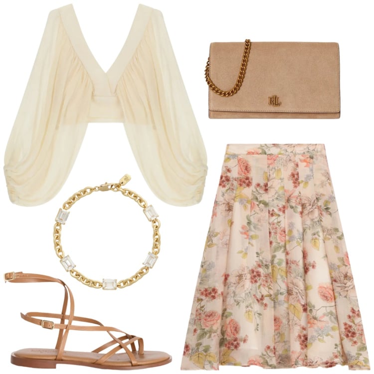Outfit donna - Total look #2398469. Stile Romantica per Cerimonia. Abbinamento con sandali in pelle, top, gonne lunghe, braccialetti, borse a tracolla.