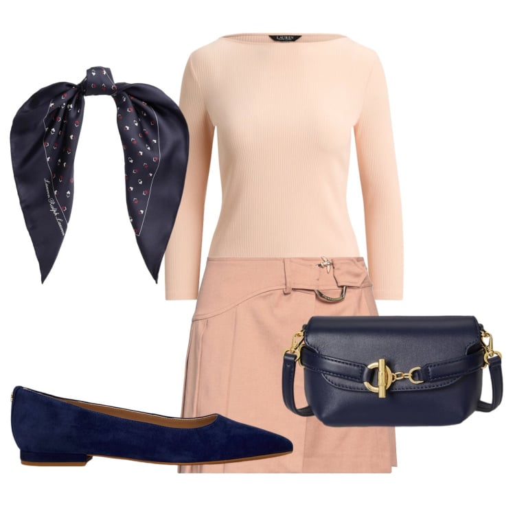 Outfit donna - Total look #2398470. Stile Casual chic per Ufficio. Abbinamento con minigonne, ballerine, borse a tracolla, foulard, t-shirt.