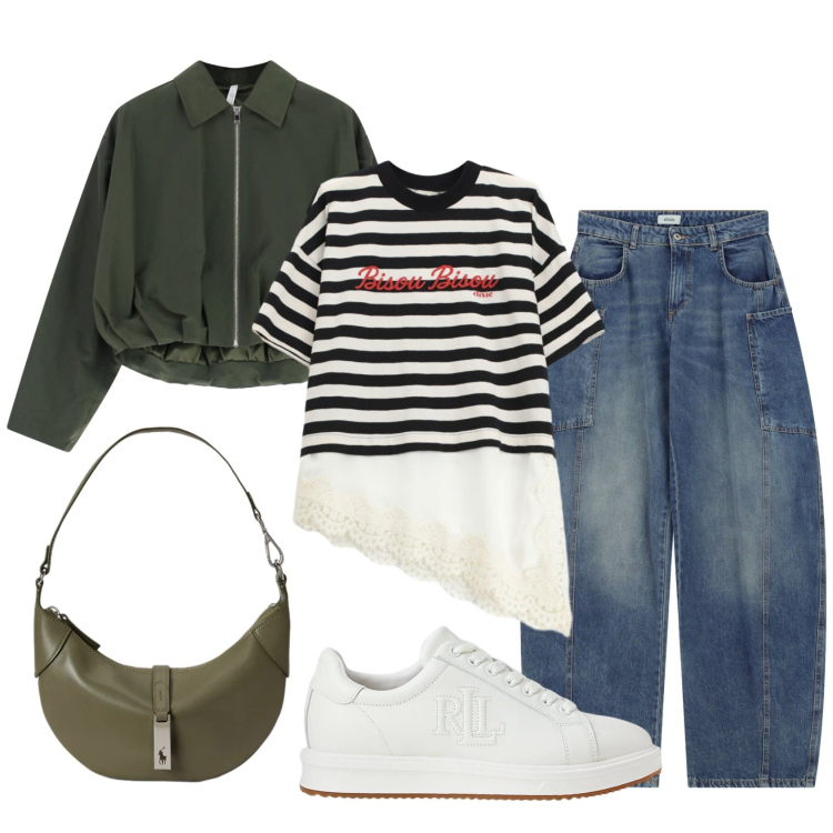 Outfit donna - Total look #2398476. Stile Urban per Tutti i giorni. Abbinamento con bomber, t-shirt, jeans, sneakers, borse a spalla.
