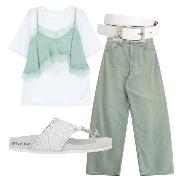 Outfit donna - Total look #2398478. Stile Trendy per Tutti i giorni. Abbinamento con ciabatte, cinture, jeans, t-shirt.