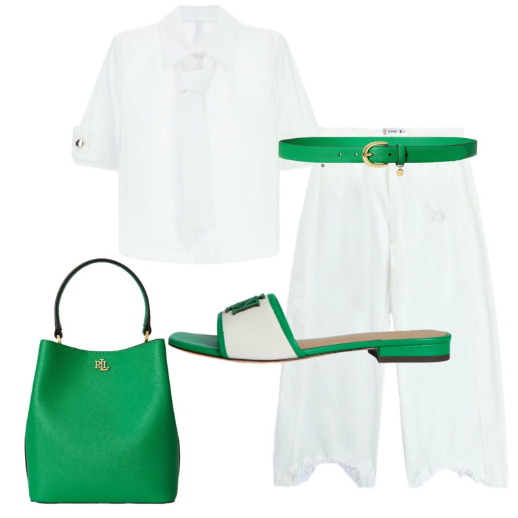Outfit donna - Total look #2398479. Stile Mannish per Ufficio. Abbinamento con pantaloni a palazzo, camicie, borse a secchiello, ciabatte, cinture.